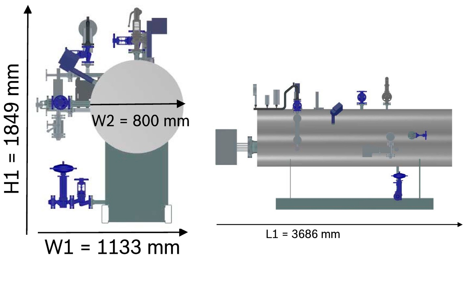 Rozměry elektrického parního kotle UNIVERSAL ELSB Bosch, výkonová varianta 350 kg/h